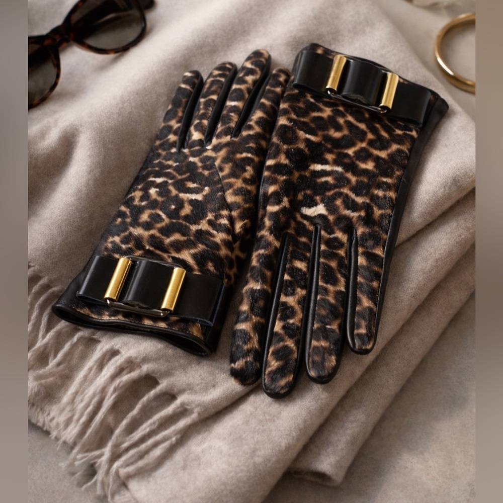 Paule Ka Leopard Print Calfskin & Lamb Leather Gloves – Silk Lined, Size 7